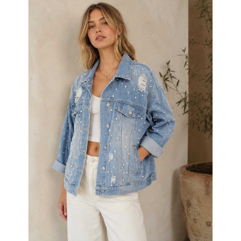 Free People Sunday Funday Pearl Distressed Denim Jacket Oversized Womens Medium